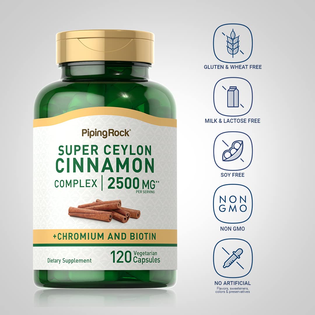 Piping Rock Ceylon Cinnamon Capsules | 120 Pills | Complex Supplement with Chromium and Biotin | Vegetarian, Non-GMO, Gluten Free