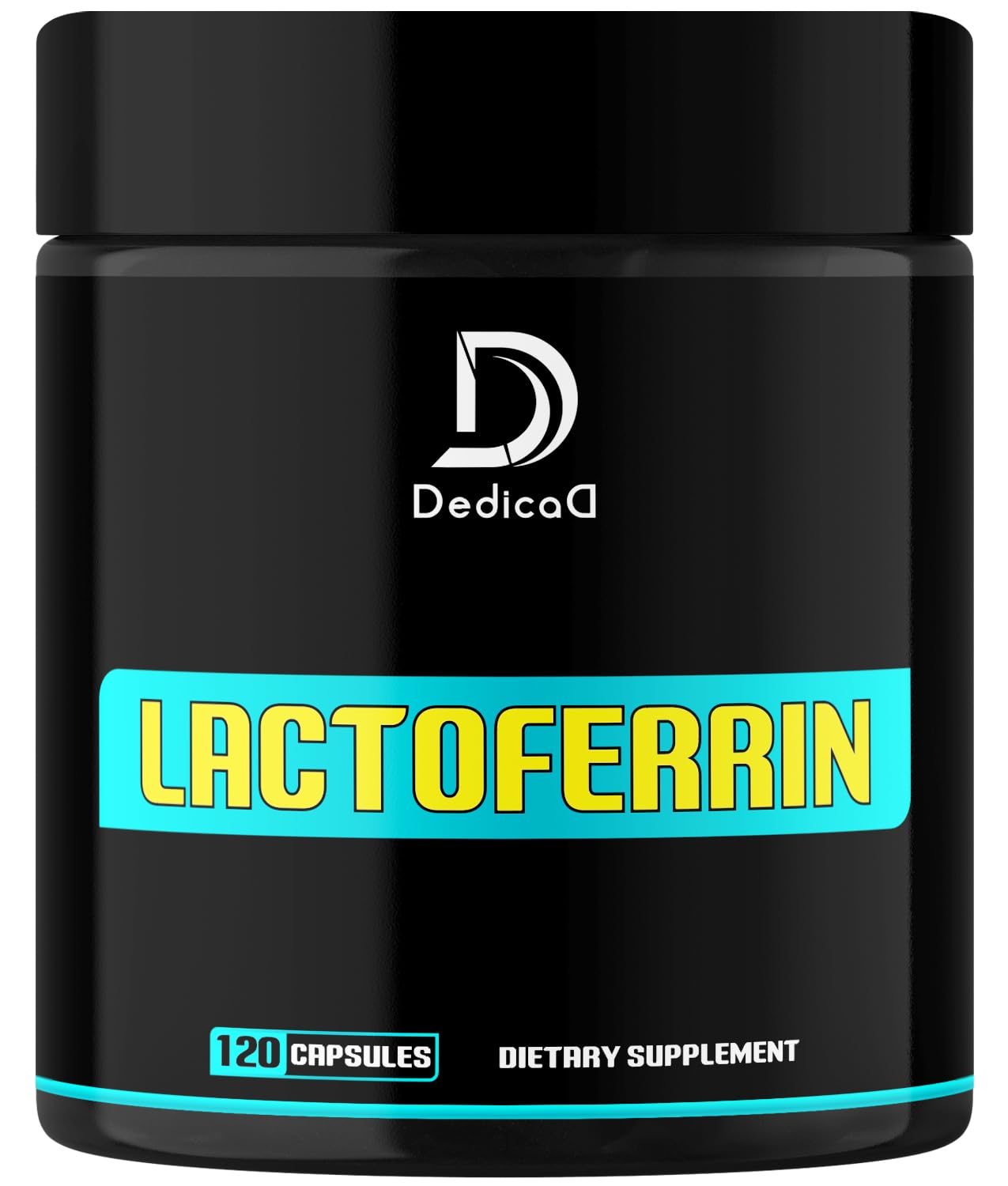 Black supplement container labeled 'Lactoferrin' by DedicaD on a white background