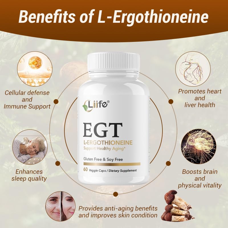 LIIFE L-Ergothioneine Supplement (EGT) 30mg,Compound Antioxidant Supplement (May Support Longevity and Healthy Aging) Promotes Skin Health，60 Capsules，Non-GMO, Gluten Free, Vegan Safe LIIFE buy supplements Au