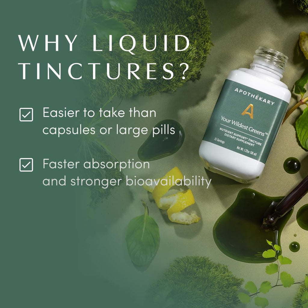 Apothékary Your Wildest Greens Herbal Liquid Drops, All-in-One Daily Superfood Supplement, Vitamin & Mineral Support, 5X Potency of Greens Powders, Sugar Free, Calorie Free, (15 Servings) 1.22oz ApothékaryBuy Supplements Australia