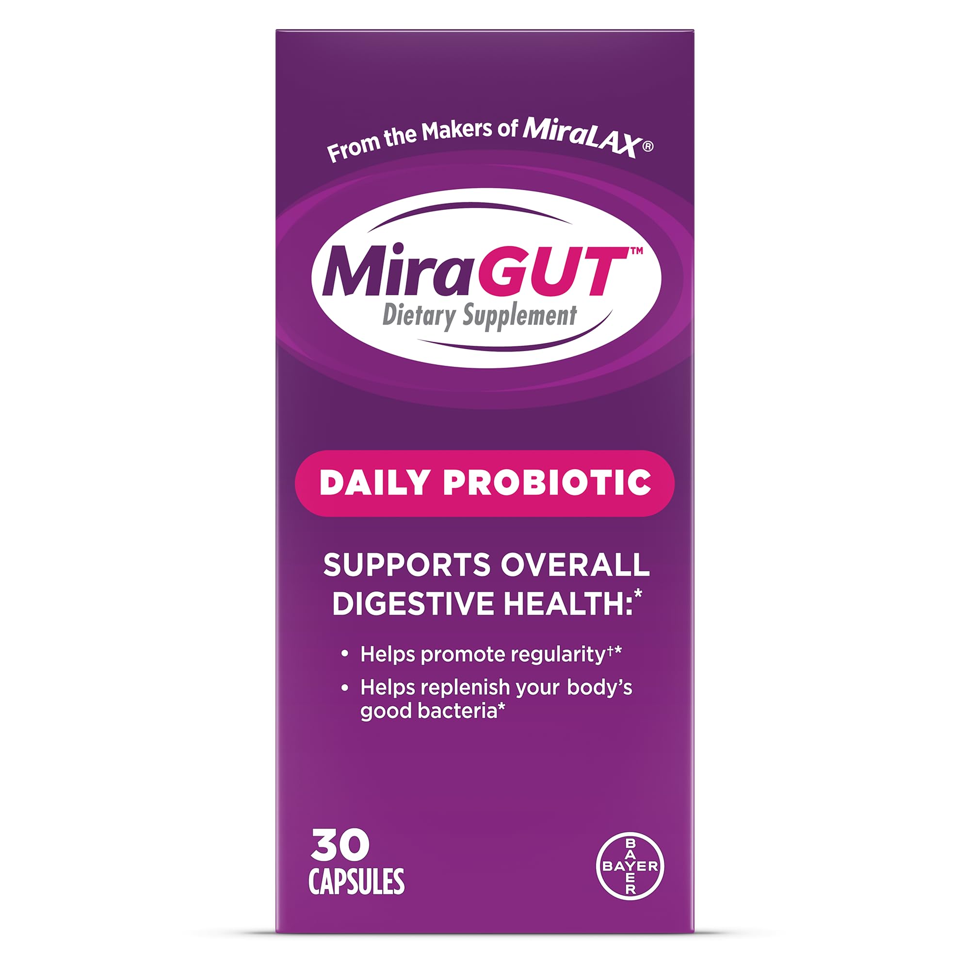MiraGUT Daily Probiotic, from the Makers of MiraLAX, Probiotics for Digestive Health, Gluten-Free Supplement, Probiotic for Women and Men