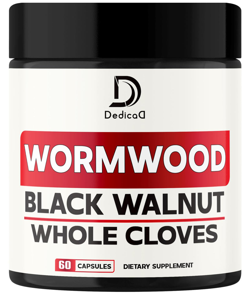 Supplement container labeled 'Wormwood, Black Walnut, Whole Cloves' by DedicaD on a white background.