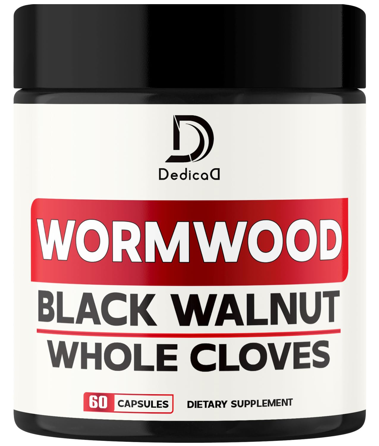 Supplement container labeled 'Wormwood, Black Walnut, Whole Cloves' by DedicaD on a white background.