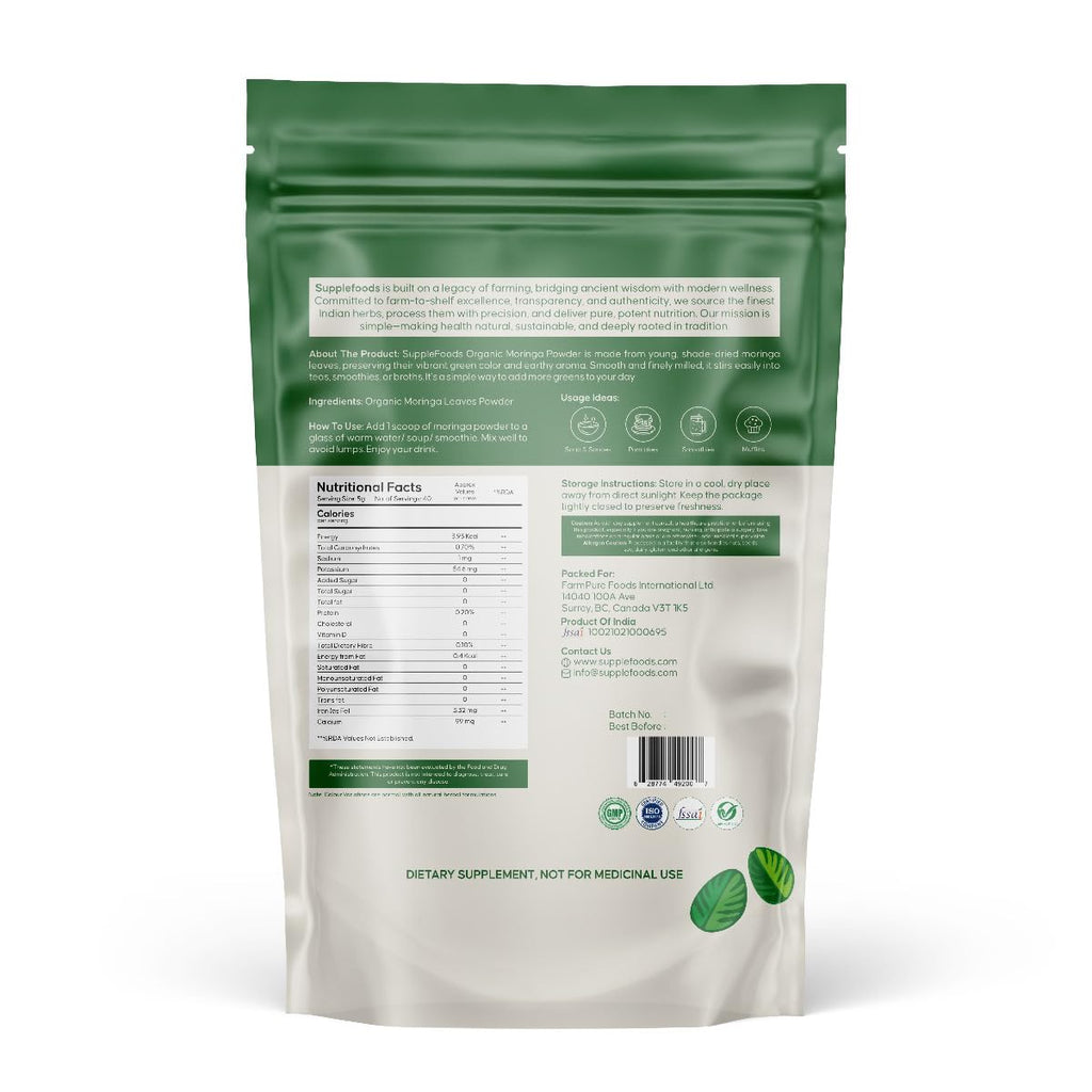 supplefoods Organic Moringa Powder 200 g / 7.05 oz | 100% Natural Green Superfood | Assists Digestion & Daily Detox | Finely Milled Moringa Leaf Powder | USDA Certified Organic Dietary Supplement supplefoods buy supplements Au
