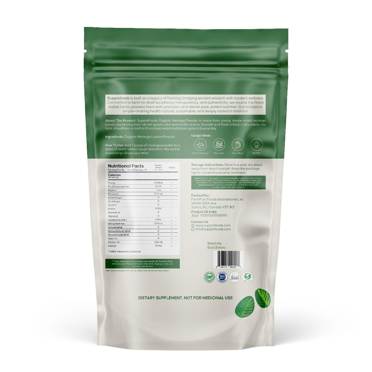 supplefoods Organic Moringa Powder 200 g / 7.05 oz | 100% Natural Green Superfood | Assists Digestion & Daily Detox | Finely Milled Moringa Leaf Powder | USDA Certified Organic Dietary Supplement supplefoods buy supplements Au