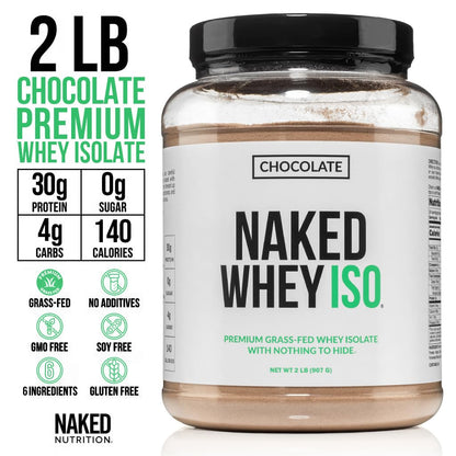 NAKED Chocolate Whey Isolate Protein - Only 6 Ingredients, 30g Grass-Fed Protein, Undenatured, No GMO, No Soy, Gluten-Free, No Preservatives - 24 Servings