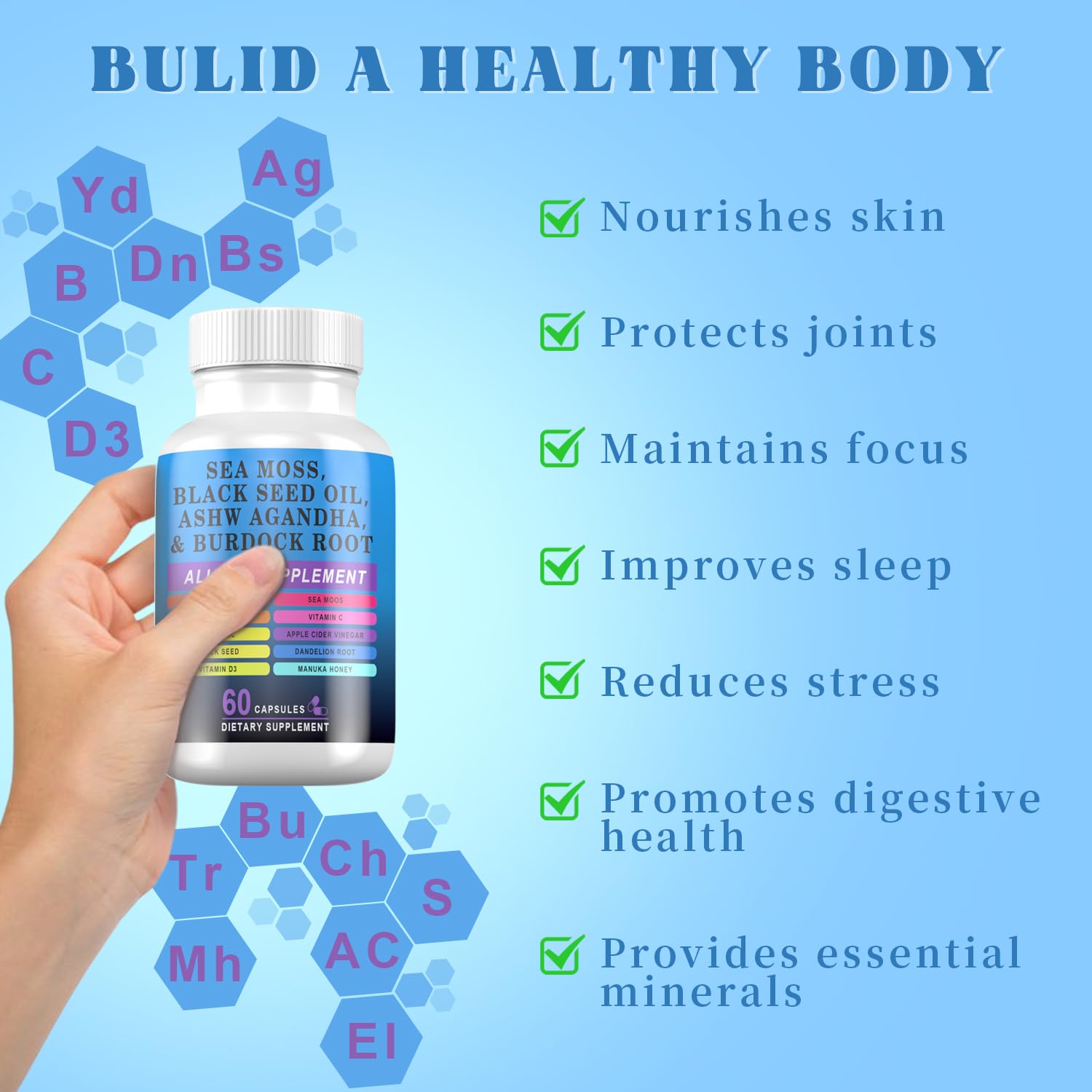 Pyzor Sea Moss Black Seed Oil Ashwagandha Turmeric Bladderwrack Burdock, Elderberry Manuka Dandelion, Burdock Root Turmeric Vitamin D3 Chlorophyll - 60 Capsules Pyzor buy supplements Au