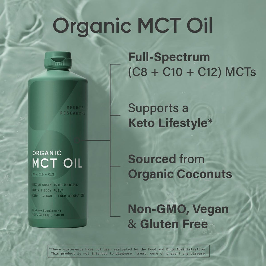 Sports Research Organic MCT Oil - Keto & Vegan MCTs C8, C10, C12 from Coconuts - Fatty Acid Brain & Body Fuel, Non-GMO & Gluten Free - Flavorless Oil, Perfect in Coffee, Tea & Protein Shakes - 32 oz Sports Research buy supplements Au