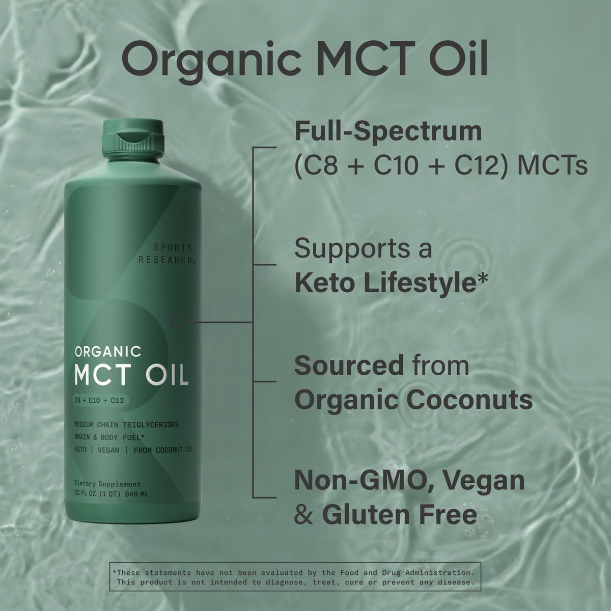 Sports Research Organic MCT Oil - Keto & Vegan MCTs C8, C10, C12 from Coconuts - Fatty Acid Brain & Body Fuel, Non-GMO & Gluten Free - Flavorless Oil, Perfect in Coffee, Tea & Protein Shakes - 32 oz Sports Research buy supplements Au