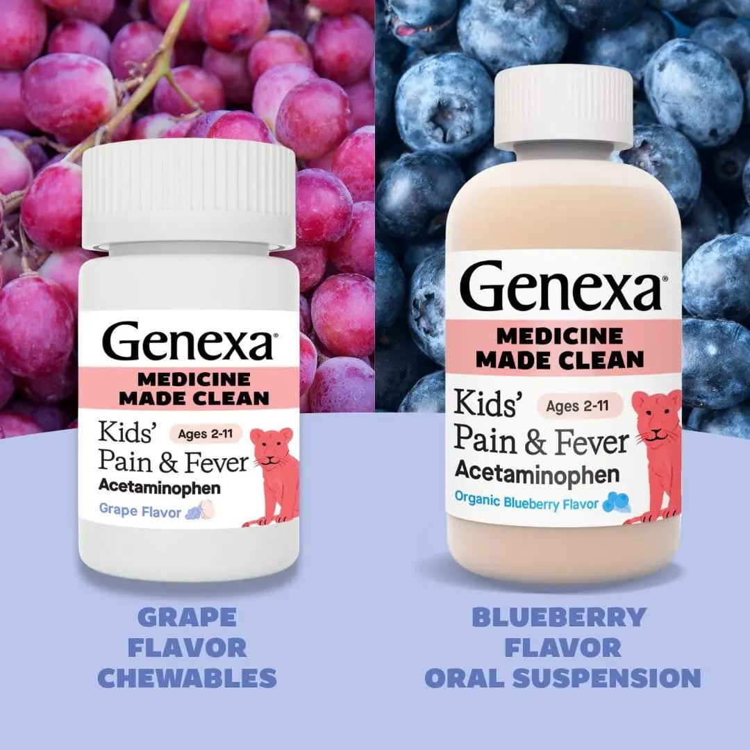Genexa Kids' Clean Pain & Fever Acetaminophen Bundle | Relieves Fever & Minor Aches and Pain | Dye Free, 0% Artificial Additives | Chewable Tablets & Liquid Oral Suspension for Children Aged 2-11 GenexaBuy Supplements Australia