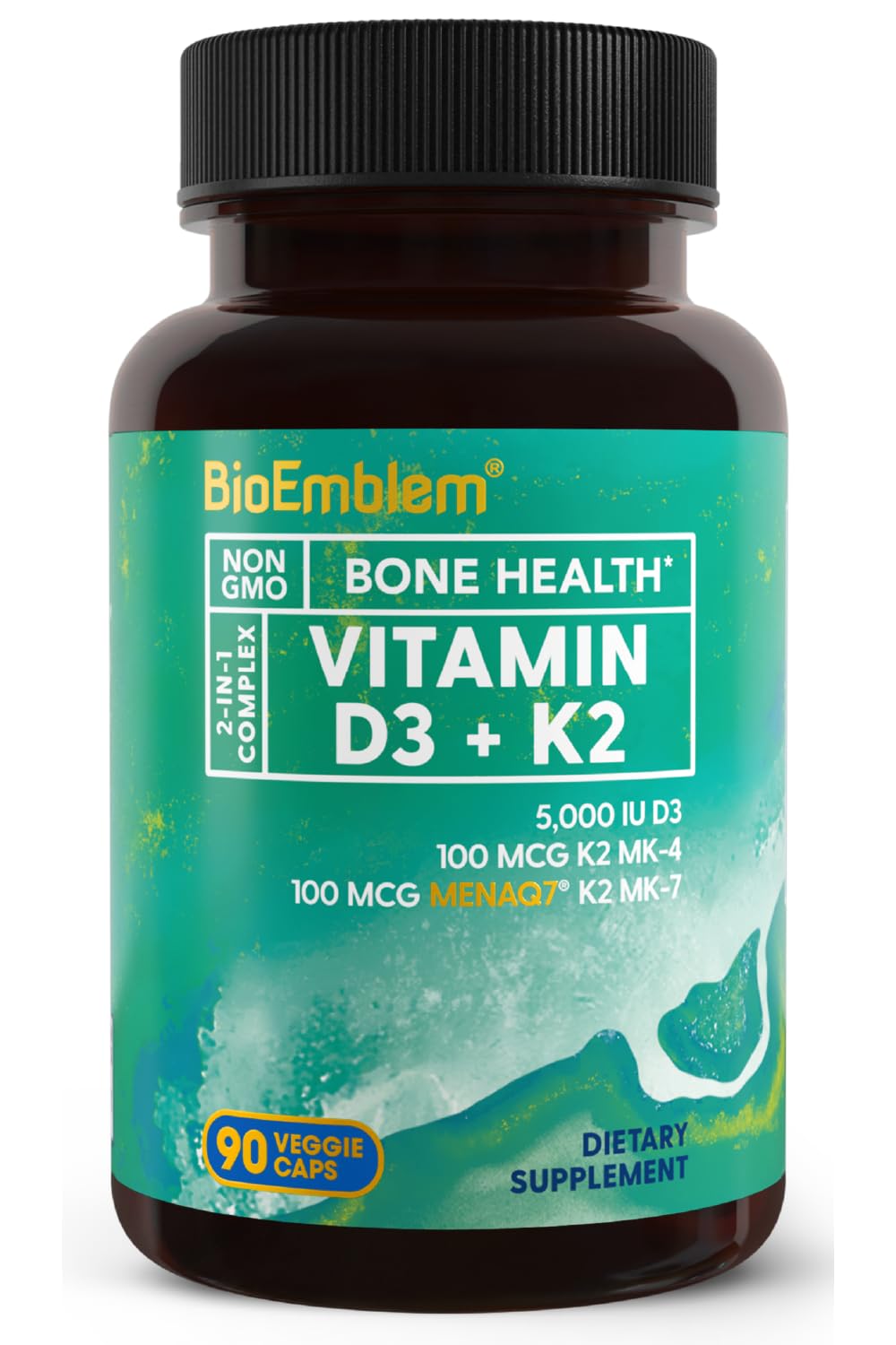BioEmblem Vitamin D3 K2 Capsules (5000IU and 200mcg) - Patented MK7 and MK4 for 3-in-1 Complex Support - Vegetarian Vitamin D K2 Supplement for Teeth, Heart, Immune System - Non-GMO, 90 Caps BioEmblem buy supplements Au