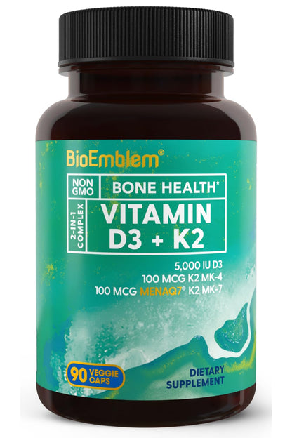 BioEmblem Vitamin D3 K2 Capsules (5000IU and 200mcg) - Patented MK7 and MK4 for 3-in-1 Complex Support - Vegetarian Vitamin D K2 Supplement for Teeth, Heart, Immune System - Non-GMO, 90 Caps BioEmblem buy supplements Au