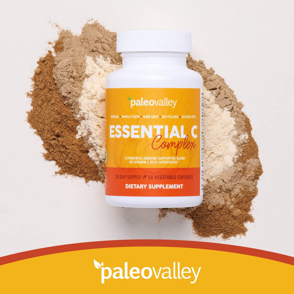 Paleovalley Essential C Complex - Vitamin C Supplement for Immune Support - 1 Pack, 450mg - Organic Superfoods Unripe Acerola Cherry, Camu Camu, Amla Berry