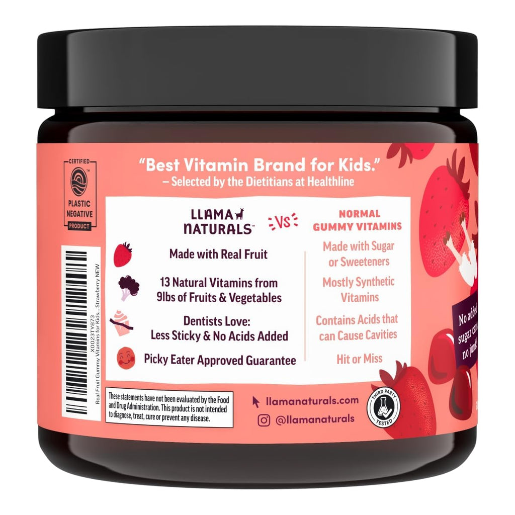Llama Naturals Kids Multivitamin Gummies | Real Fruit, No Added Sugar Cane | Organic Vegan Toddler Whole Food Vitamins | Vitamin D, C & Beta Carotene Gummy Supplement