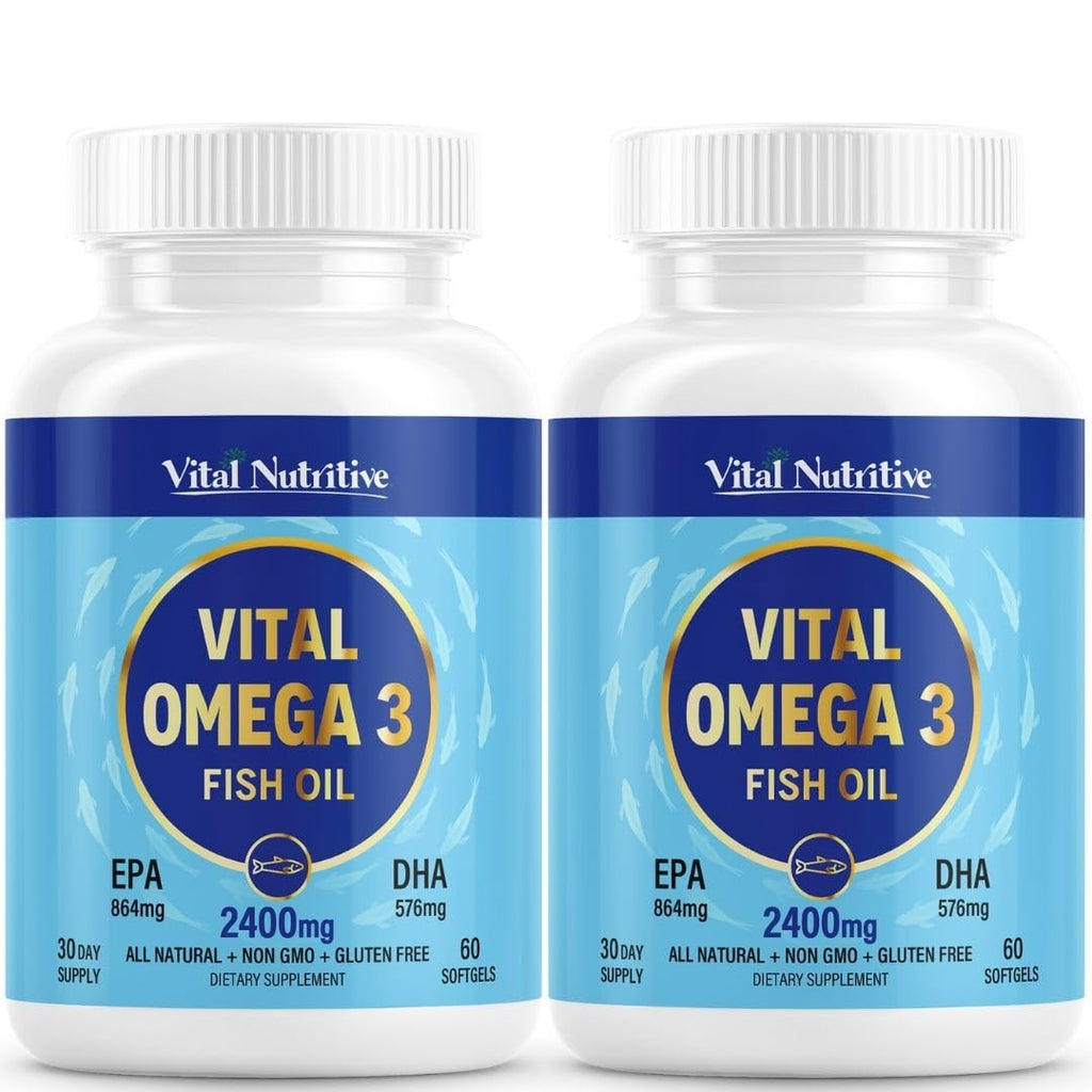 Vital Omega 3 Fish Oil Supplements 2400mg | 864mg EPA & 576mg DHA | 1440mg Total Omega-3 Fatty Acids | Promotes Brain & Heart Health | Non-GMO, Gluten-Free, Sugar-Free | Lemon | 60 Day Servings VITAL NUTRITIVEBuy Supplements Australia