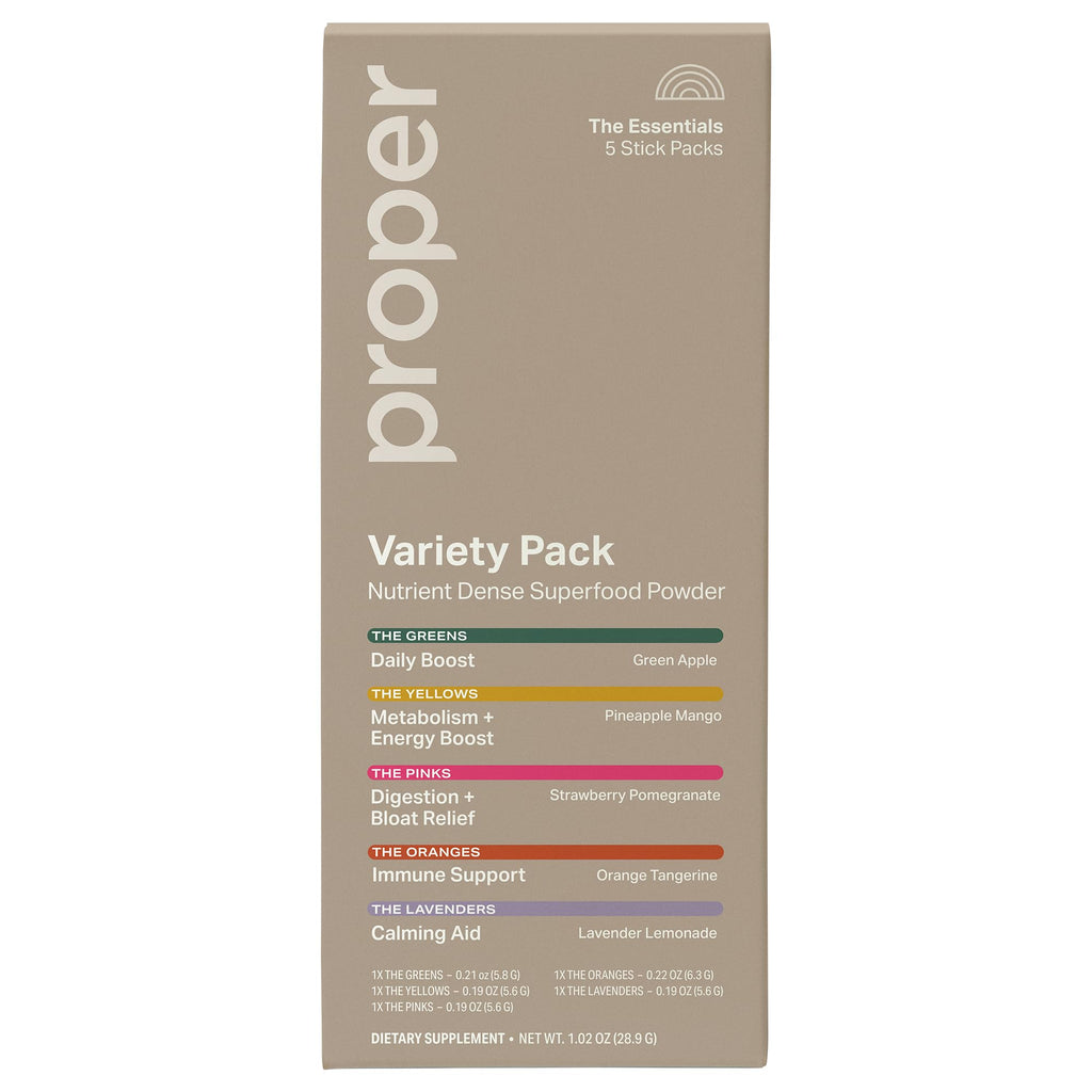 Proper The Essentials Super Foods Powder 5-Stick Variety Pack - Super Greens, Gut Health, Metabolism & Energy, Calm Magnesium Powder & Immune Support Supplement Packs ProperBuy Supplements Australia