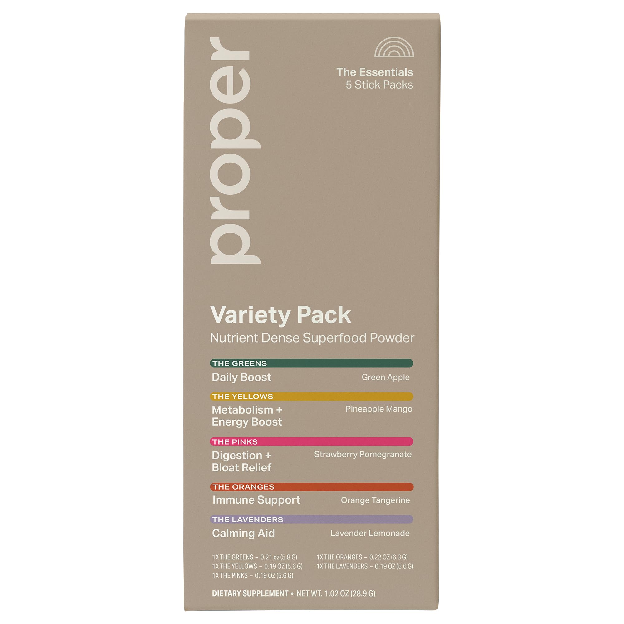 Proper The Essentials Super Foods Powder 5-Stick Variety Pack - Super Greens, Gut Health, Metabolism & Energy, Calm Magnesium Powder & Immune Support Supplement Packs ProperBuy Supplements Australia