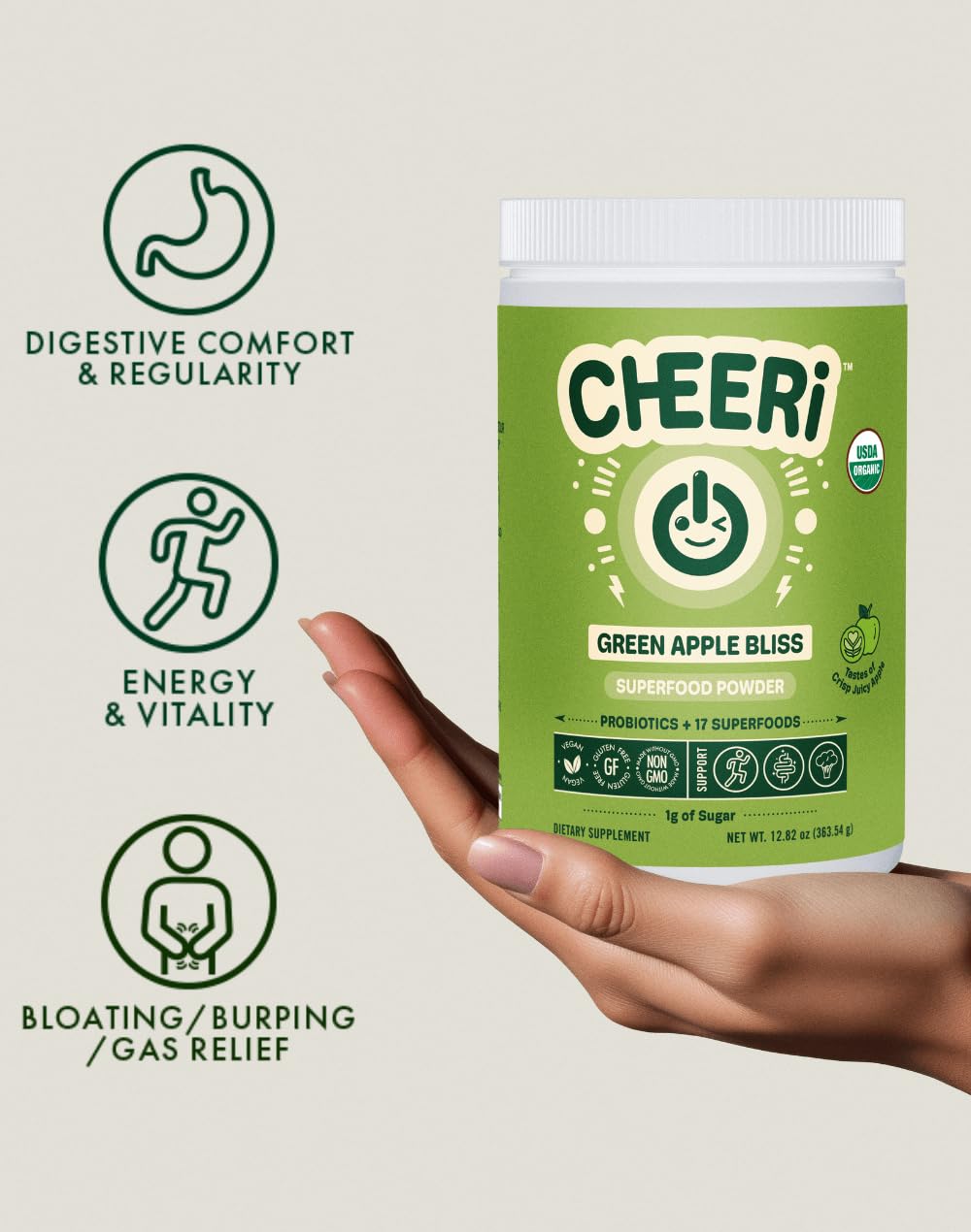 Cheerific Green Apple Bliss Superfood Powder - 20+ Organic Superfoods + Prebiotic & Probiotics + More - Keto Friendly - Supports Positive Mood, Gut Health - Vegan, Gluten Free, Non-GMO - 30 Day Supply CheerificBuy Supplements Australia