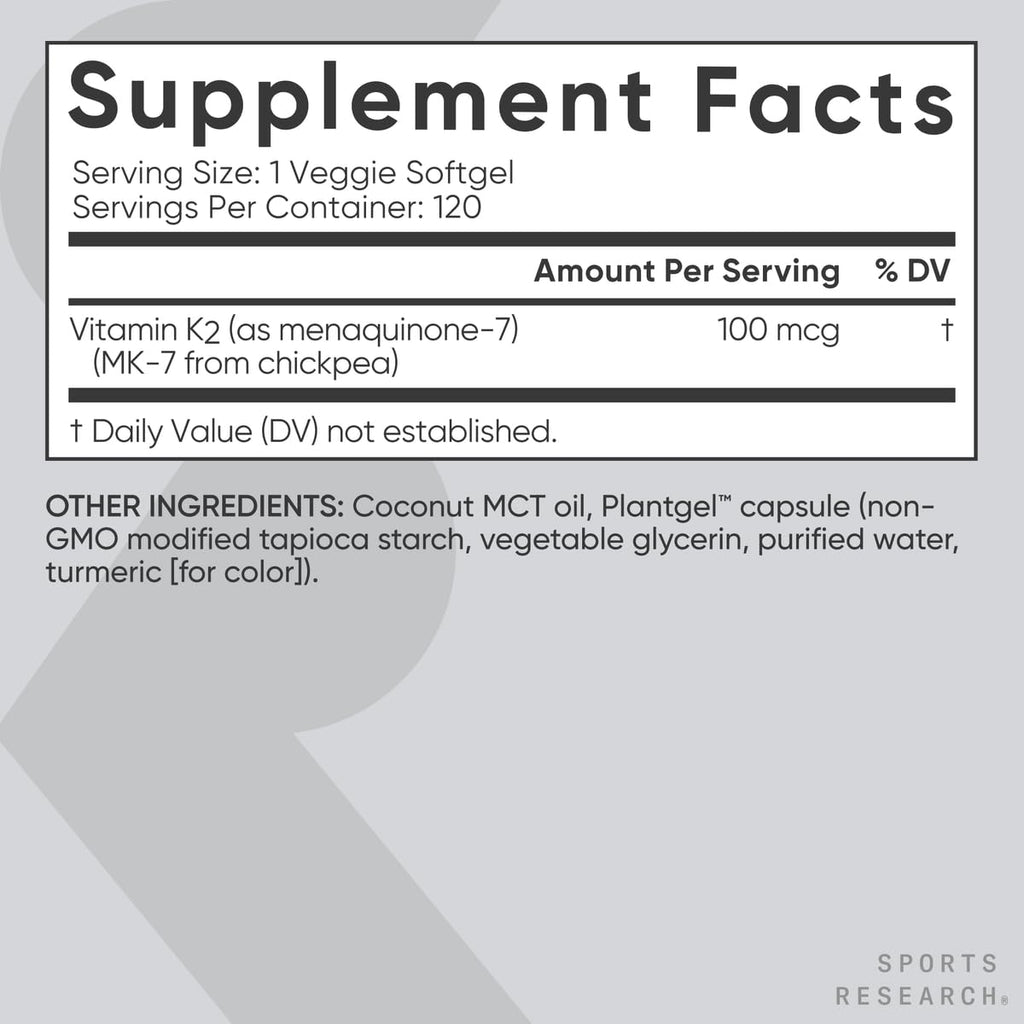 Sports Research Vitamin K2 as MK-7 100mcg with Coconut MCT Oil - 120 Veggie Softgels (4 Month Supply) Vegan Certified, Non-GMO Verified, Gluten & Soy Free Sports Research buy supplements Au