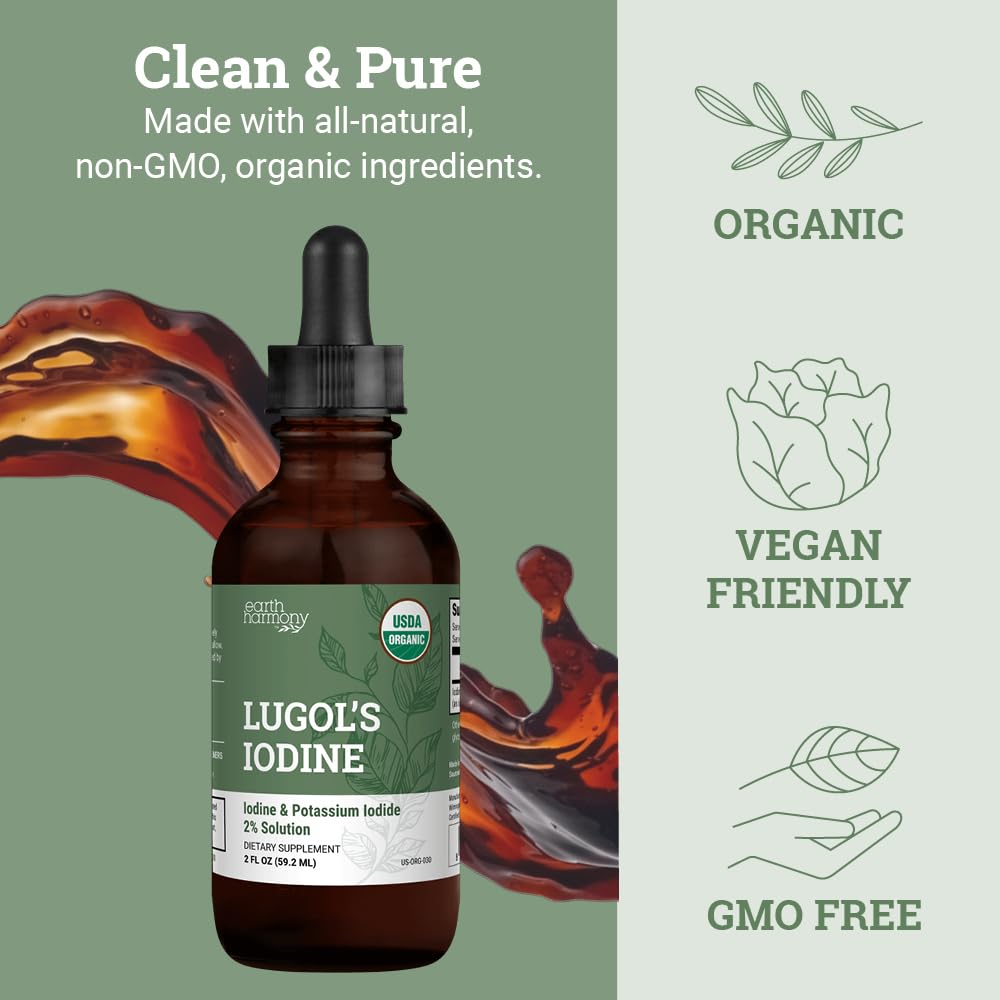 Organic Lugol's Iodine, Iodine and Potassium Iodide 2% Solution 3000 mcg - Liquid Supplement Drops for Thyroid Support for Women & Men, Metabolism Health, Detox Boost - Non-GMO, 395 Servings (2 Oz) Earth Harmony Naturals buy supplements Au