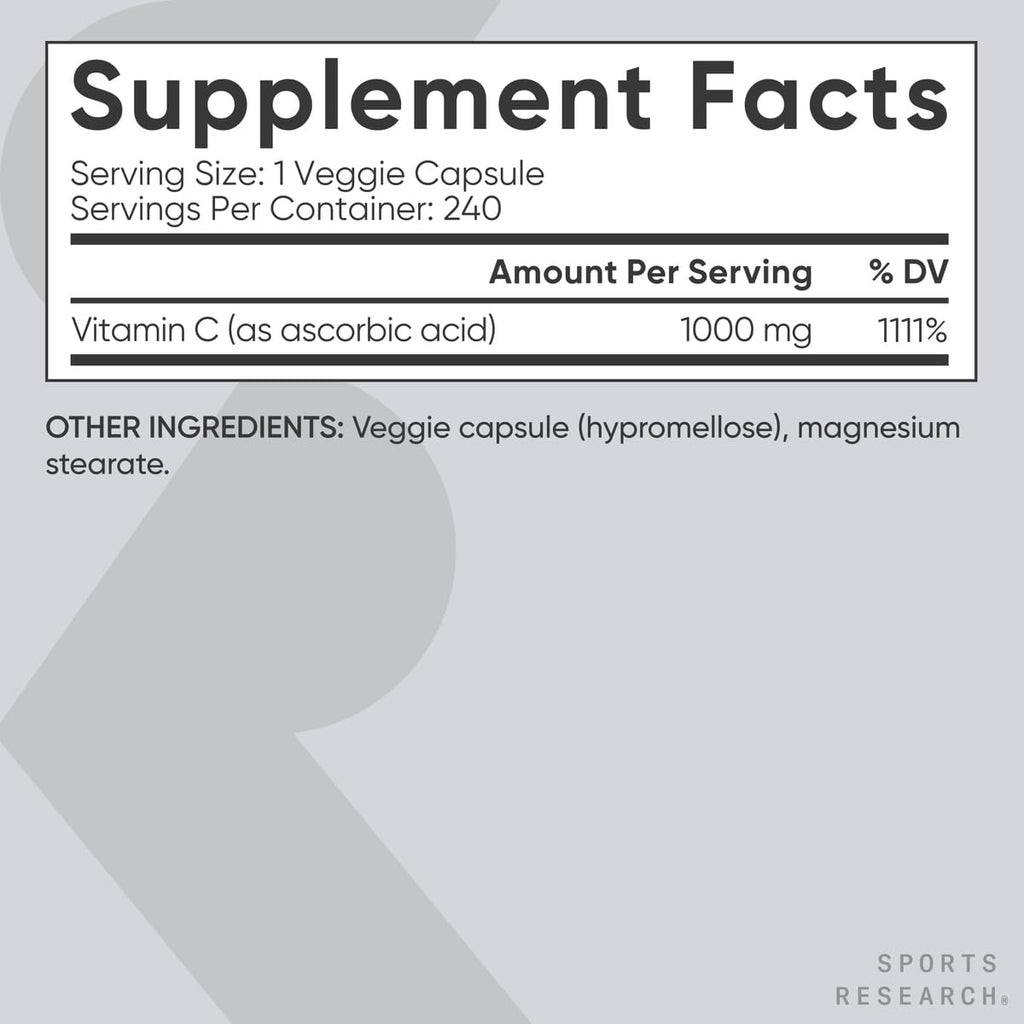 Sports Research High Potency Vitamin C Supplement - Vegan Veggie Capsules for Antioxidant Activity & Immune Support - Non-GMO Verified & Gluten Free - Ascorbic Acid Vitamin C 1000mg, 240 Count Sports Research buy supplements Au