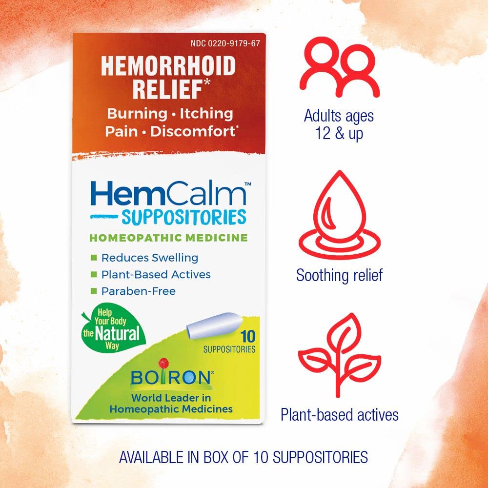Boiron HemCalm Suppositories for Hemorrhoid Relief of Pain, Itching, Swelling or Discomfort - 10 Count (Pack of 2) BoironBuy Supplements Australia
