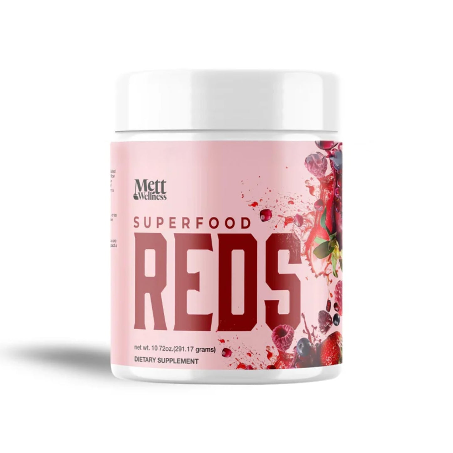 Supplement container labeled 'Superfood Reds' by Mett Wellness on a white background