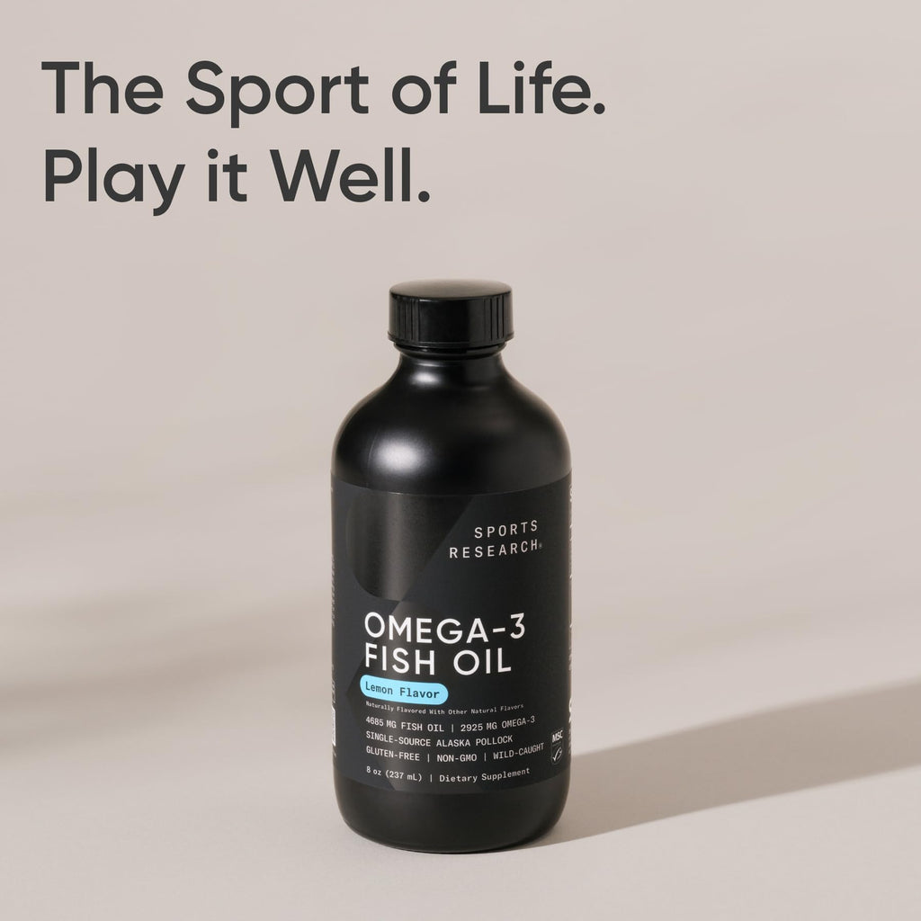 Sports Research® Omega-3 Fish Oil, 8oz Glass Bottle - 4685mg of Wild Caught Alaska Pollock Fish Oil per Serving - Easy-to-Take Liquid · Lemon Flavor · Non-GMO · MSC Certified Sustainable - 48 Servings Sports Research buy supplements Au