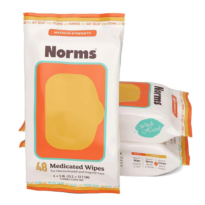 Norms Medicated Hemorrhoid Wipes with Witch Hazel and Aloe, Soothing Flushable Wipes for Itching, Burning & Swelling Relief, Hypoallergenic & Fragrance Free - 48ct (Pack of 3) NormsBuy Supplements Australia