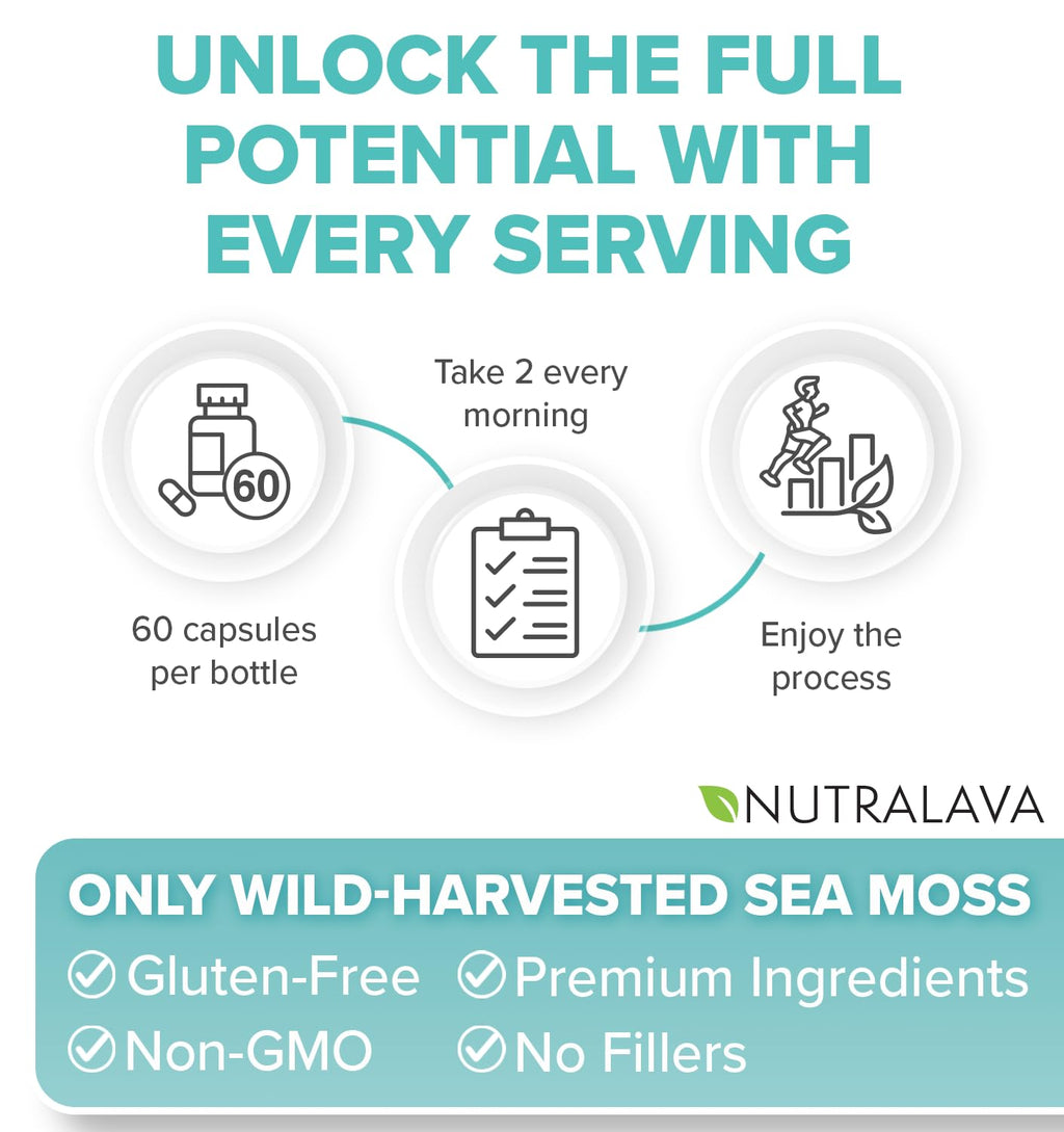 NUTRALAVA Sea Moss Pills, All-in-One Blend with Irish Sea Moss Black Seed Oil Ashwagandha, Sea Moss Capsules for Women and Men - Gluten-Free, Non-GMO, 60 Capsules NUTRALAVABuy Supplements Australia