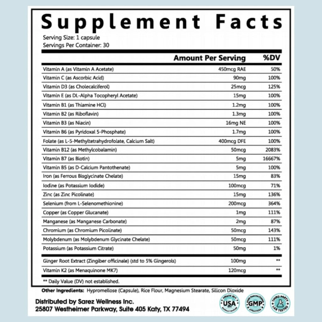Sarez GLP-1 Support Capsules — Methylated Vitamins & Chelated Minerals — Energy, Metabolism, Hair & Daily Nutrient Support — with Ginger for Nausea — Gentle on Stomach — 30 Day Supply SarezBuy Supplements Australia