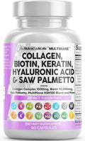 Clean Nutraceuticals Collagen Pills 1000mg Biotin 10000mcg Keratin Saw Palmetto Hyaluronic Acid - Hair Skin & Nails Vitamins & DHT Blocker with Vitamin E Folic Acid