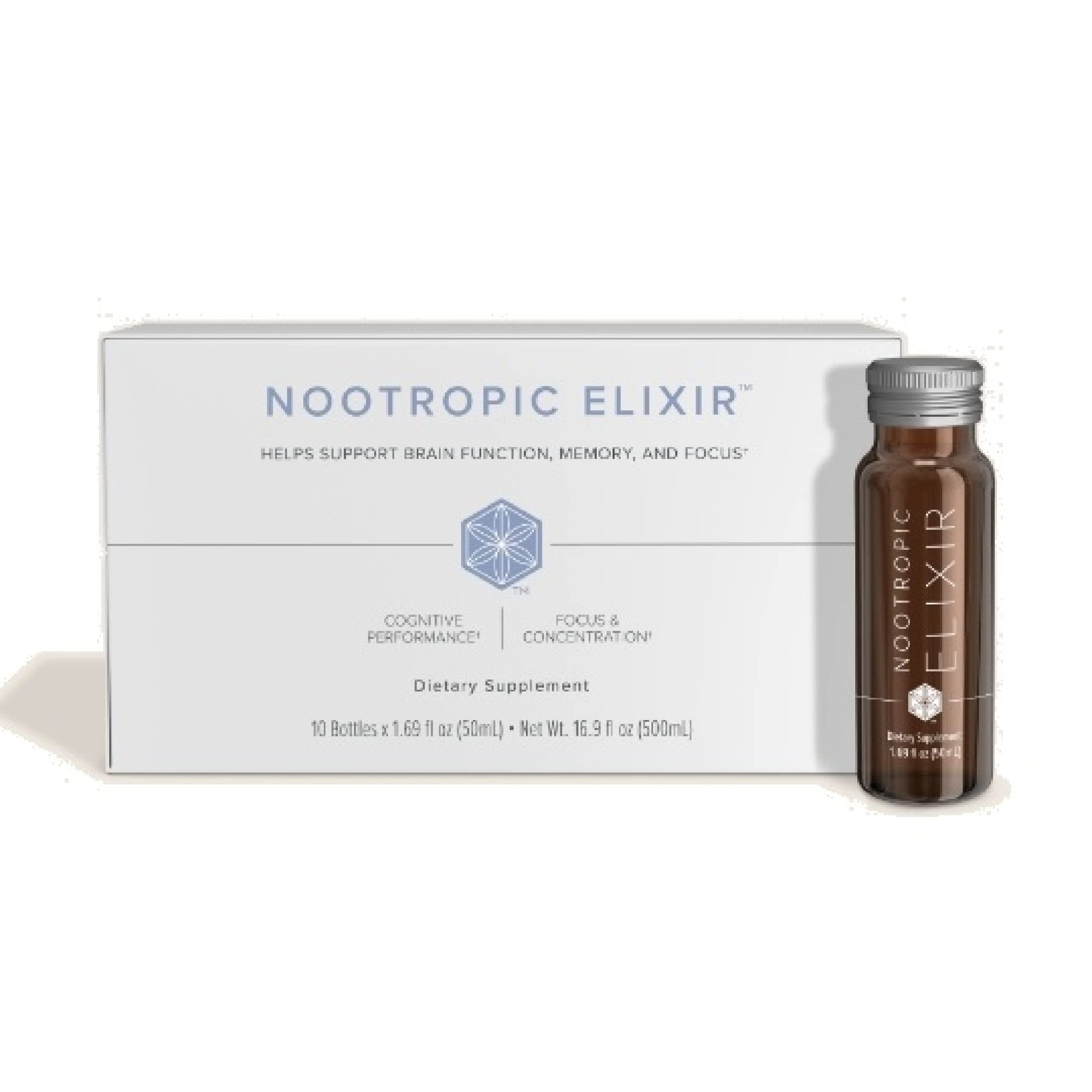 Nootropic Elixir supplement bottle and packaging on a white background