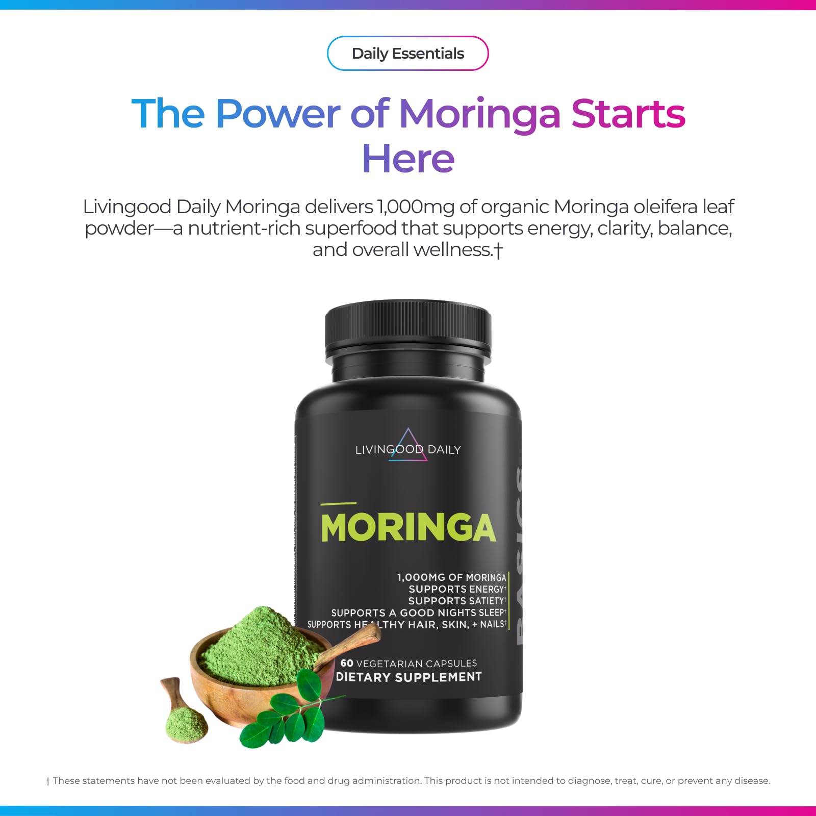 Livingood Daily Moringa Capsules, Moringa Supplement for Energy, Sleep, Satiety, Hair, Skin, Nails & Wellness, Plant Based Vegetarian, Gluten Free, Non GMO, Vegan, Daily Greens Superfood, 60 Capsules Livingood Daily buy supplements Au
