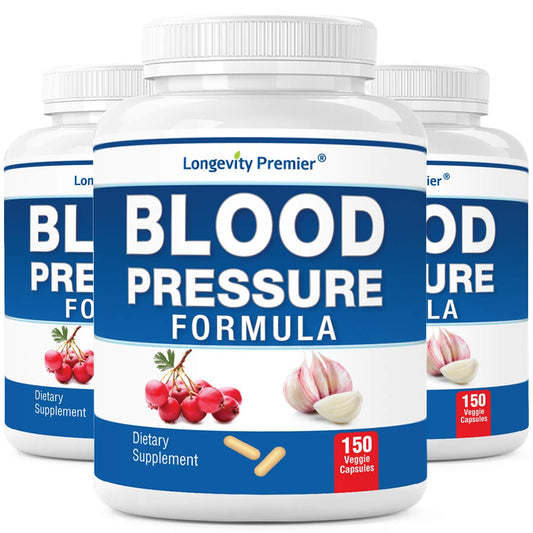 Supplement bottle labeled 'Blood Pressure Formula' by Longevity Premier on a white background