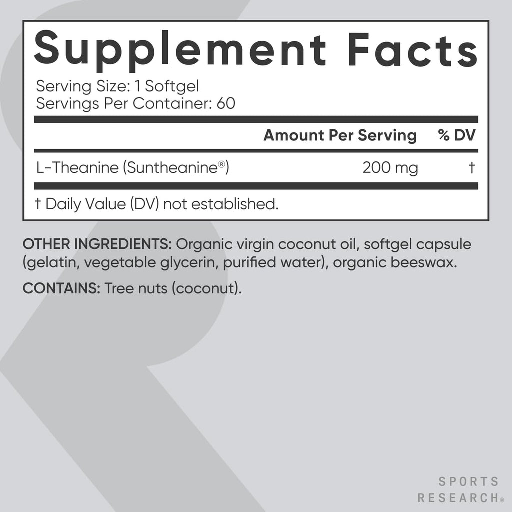 Sports Research Double Strength L-Theanine Supplement - Suntheanine Softgels for Focus, Relaxation & Alertness - Non-Drowsy Support Made with Coconut Oil, Non-GMO & Gluten Free - 200mg, 60 Count Sports Research buy supplements Au
