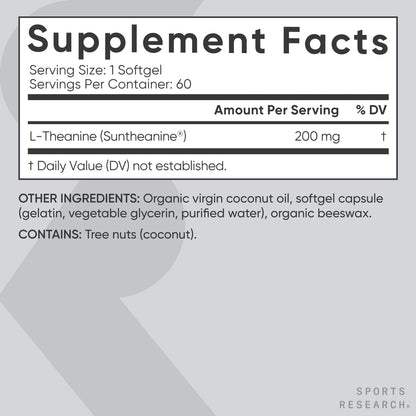 Sports Research Double Strength L-Theanine Supplement - Suntheanine Softgels for Focus, Relaxation & Alertness - Non-Drowsy Support Made with Coconut Oil, Non-GMO & Gluten Free - 200mg, 60 Count Sports Research buy supplements Au