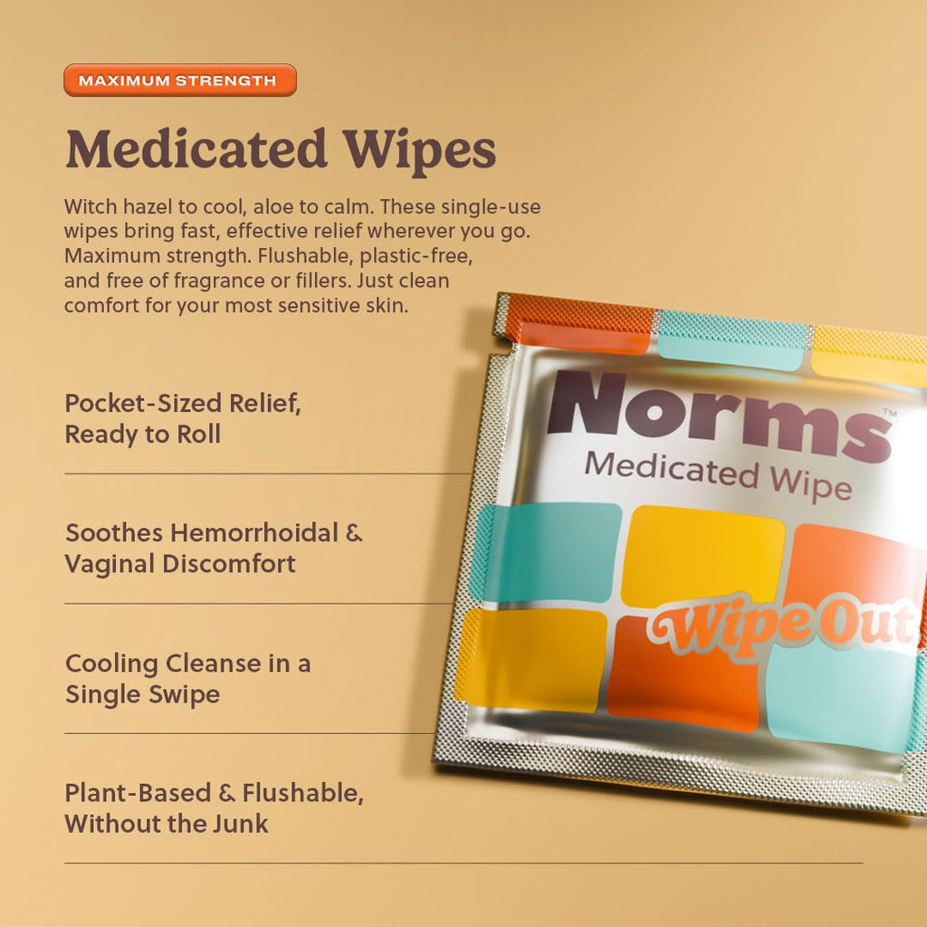 Norms Wipe Outs Hemorrhoid Wipes, 24 Individually Wrapped Witch Hazel Wipes with Aloe to Soothe and Cool Itching, Burning and Irritation, Flushable Septic Safe, Plant Based & Plastic-Free NormsBuy Supplements Australia