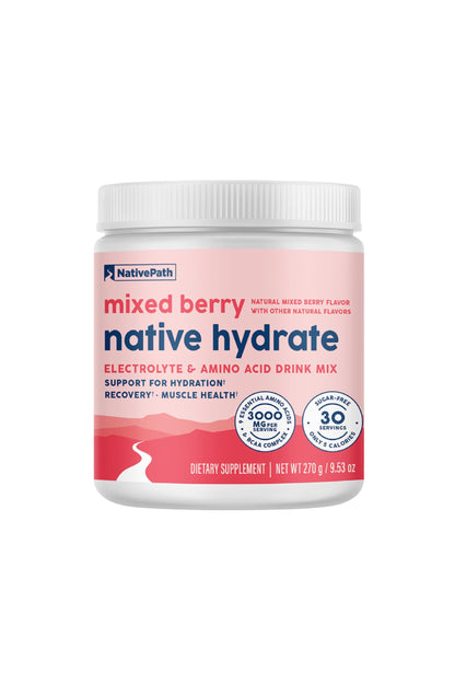 NativePath Hydrate, Zero Sugar, Electrolytes Powder with BCAAs, Mixed Berry Hydration, Keto & Paleo Friendly, 30 Servings