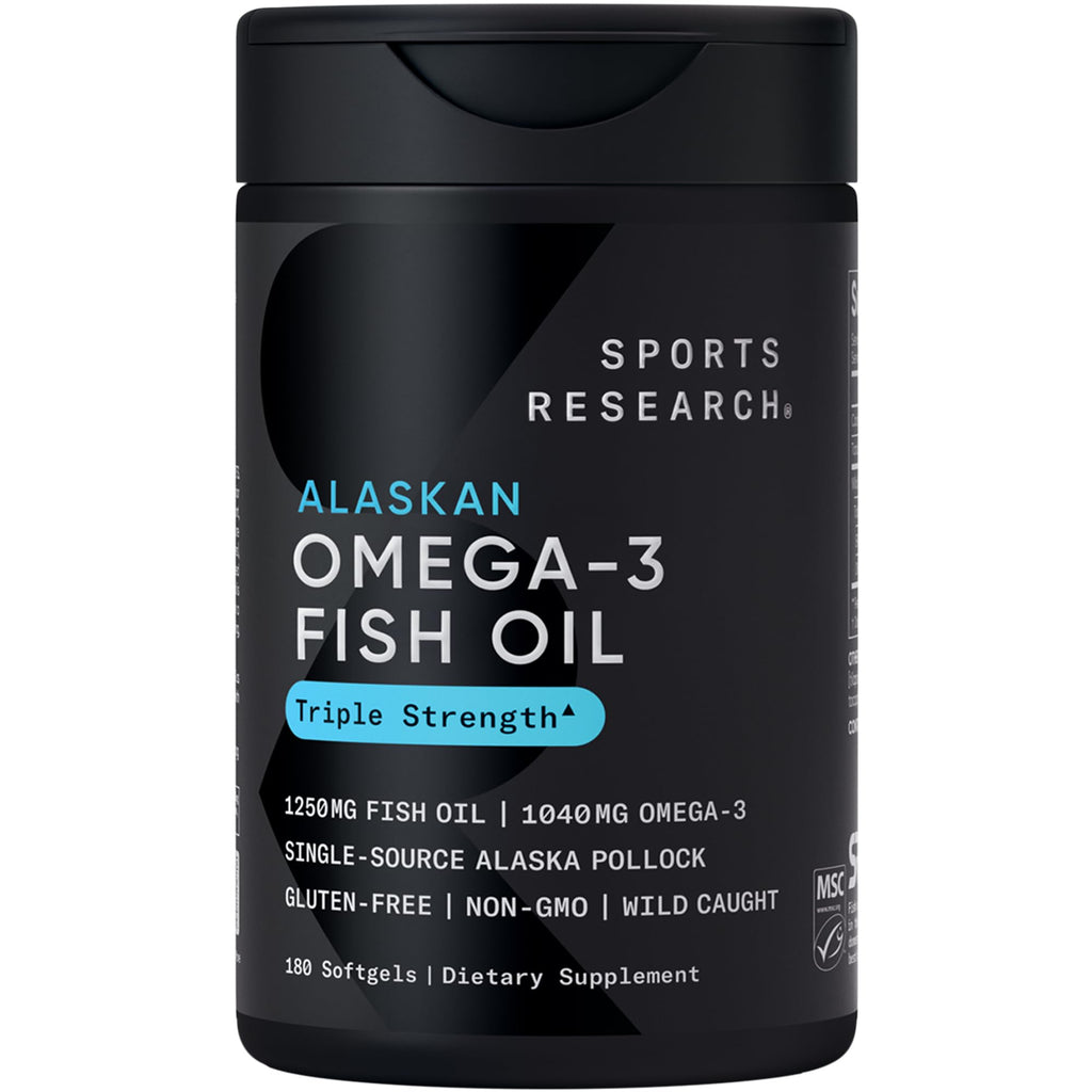 Sports Research® Omega-3 Fish Oil 1250 - Triple Strength Fish Oil Supplement from Wild Alaska Pollock - MSC Certified Sustainable · Non-GMO · Soy Free - 180 Softgel Capsules Sports Research buy supplements Au