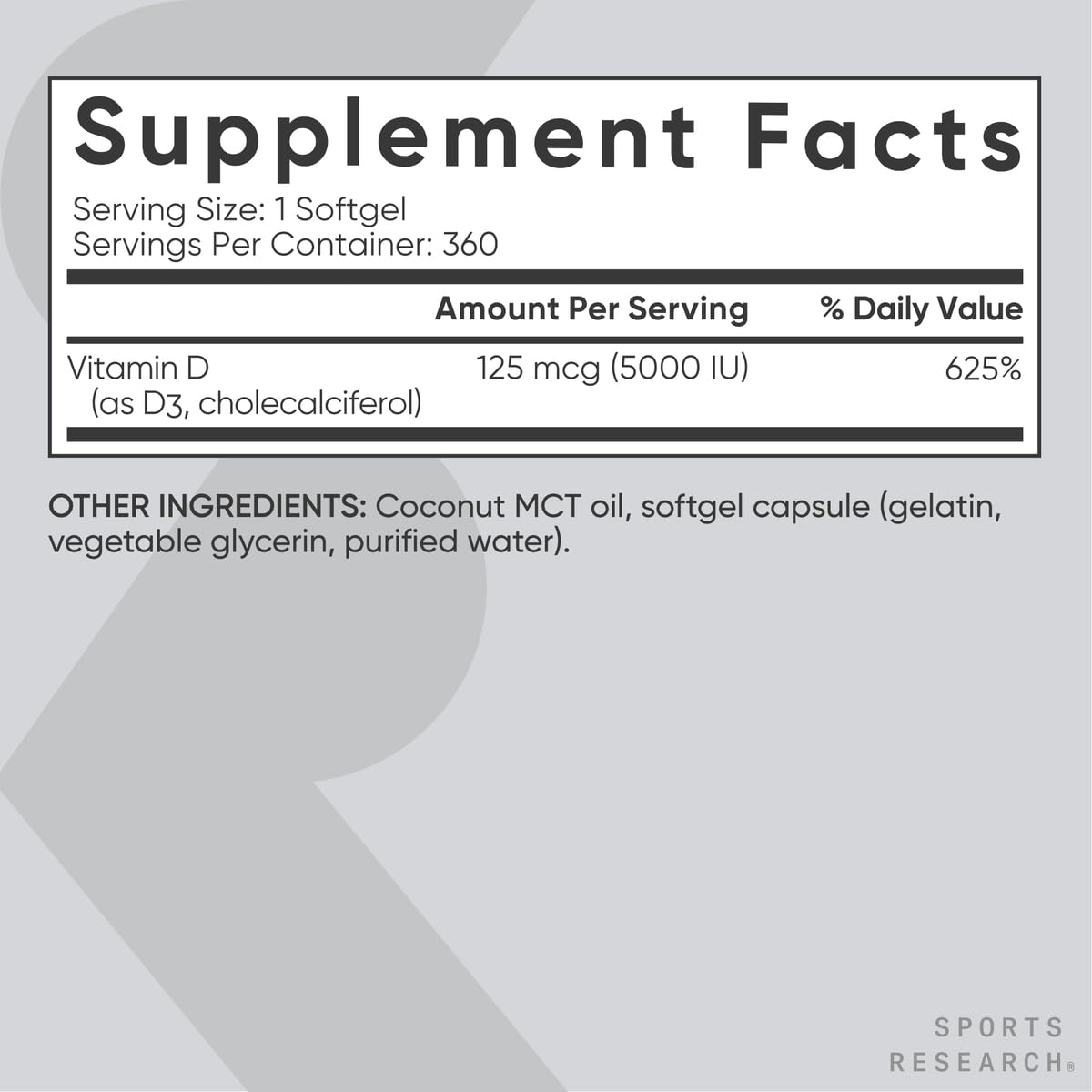 Sports Research Vitamin D3 5000 IU with Coconut MCT Oil - High Potency Vitamin D Supplement for Immune & Bone Support - Non-GMO Verified, Gluten & Soy Free – 125mcg, 360 Liquid Softgels Sports Research buy supplements Au