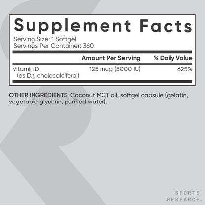 Sports Research Vitamin D3 5000 IU with Coconut MCT Oil - High Potency Vitamin D Supplement for Immune & Bone Support - Non-GMO Verified, Gluten & Soy Free – 125mcg, 360 Liquid Softgels Sports Research buy supplements Au
