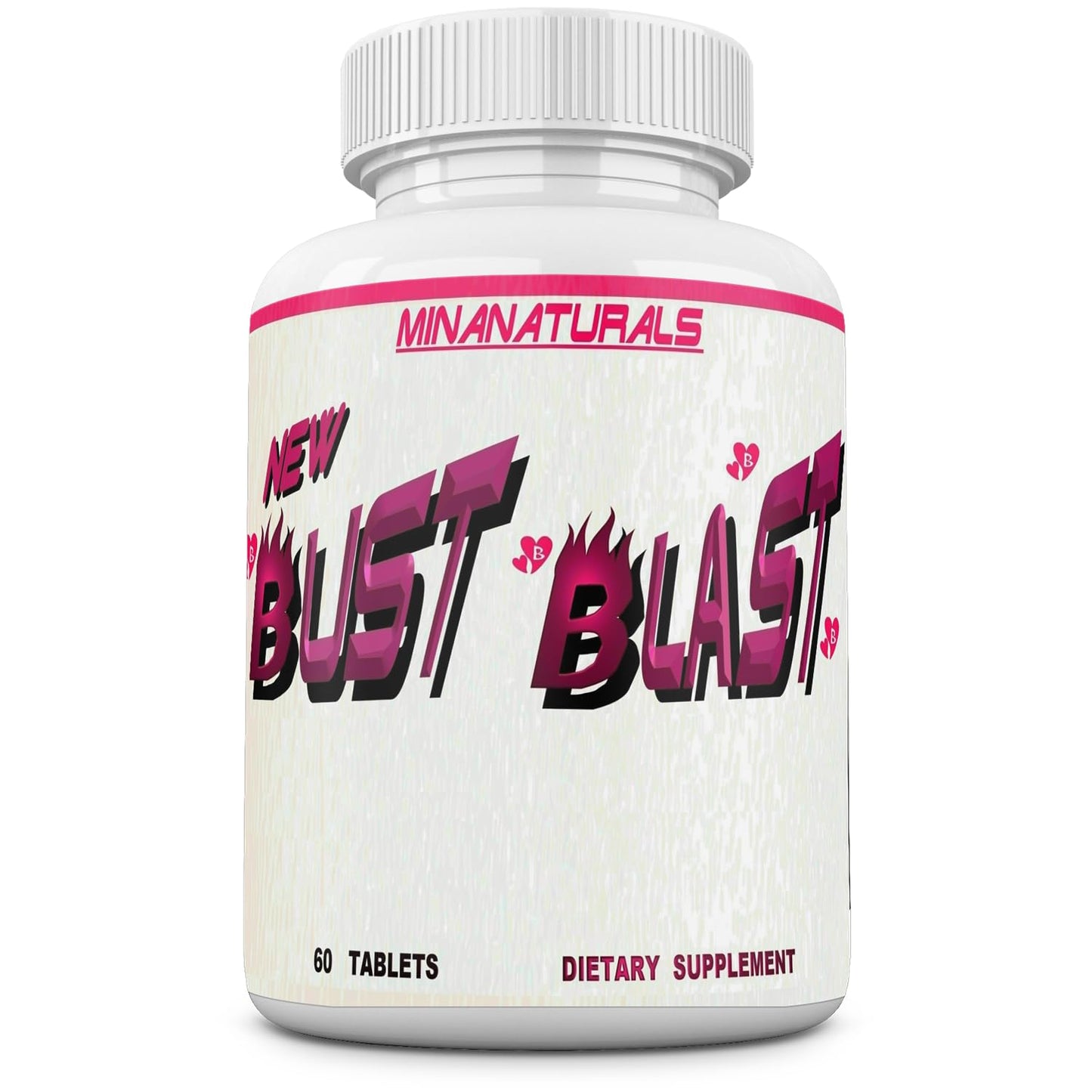 Supplement bottle labeled 'New Bust Blast' by Minanaturals on a white background