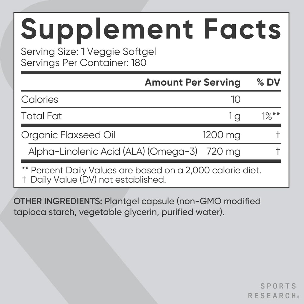 Sports Research® Vegan Flaxseed Oil (1200mg) Herbal Supplement with Plant-Based ALA Omega 3 - Vegan Certified & Non-GMO Verified - Gluten, Soy & Carrageenan Free (180 Veggie Softgels) Sports Research buy supplements Au