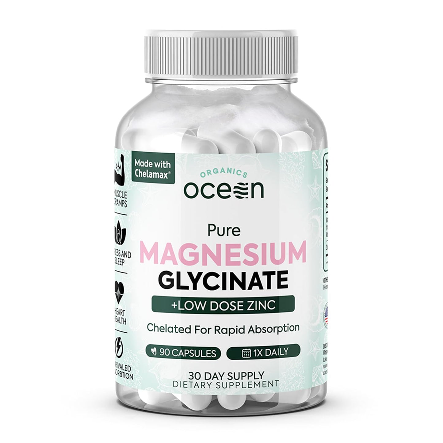 Supplement bottle labeled 'Ocean Organics' containing Magnesium Glycinate and Low Dose Zinc on a white background.