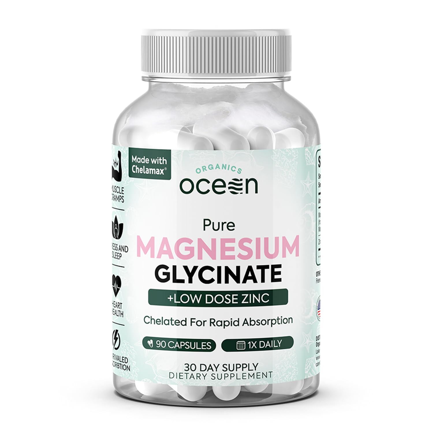 Supplement bottle labeled 'Ocean Organics' containing Magnesium Glycinate and Low Dose Zinc on a white background.