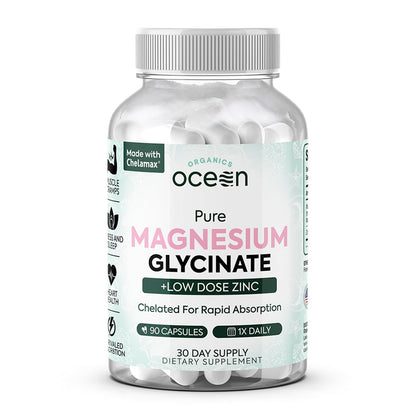 Supplement bottle labeled 'Ocean Organics' containing Magnesium Glycinate and Low Dose Zinc on a white background.