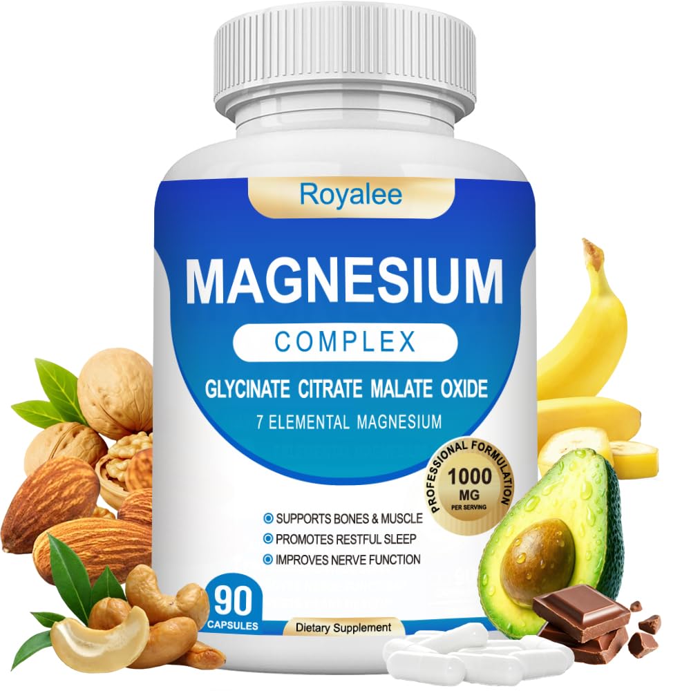 Supplement bottle labeled 'Magnesium Complex' with health benefits listed, surrounded by nuts, bananas, and an avocado on a white background.