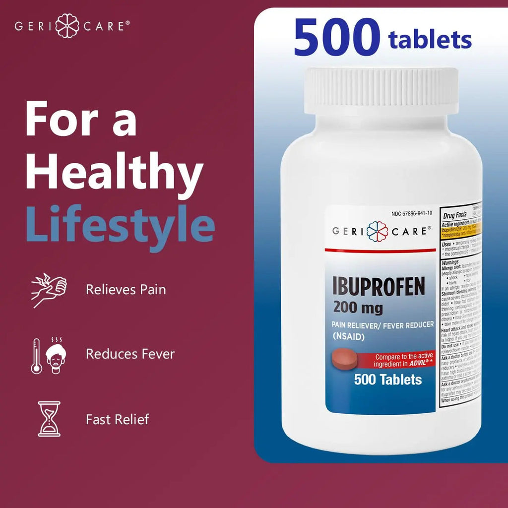 GeriCare Ibuprofen 200mg, Pain Reliever, Fever Reducer, Relieves Body Aches, 500 Count (Pack of 1) GeriCareBuy Supplements Australia