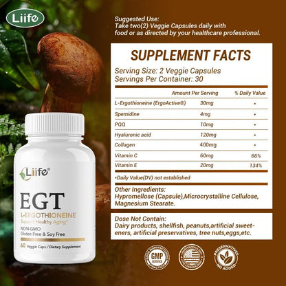 LIIFE L-Ergothioneine Supplement (EGT) 30mg,Compound Antioxidant Supplement (May Support Longevity and Healthy Aging) Promotes Skin Health，60 Capsules，Non-GMO, Gluten Free, Vegan Safe LIIFE buy supplements Au